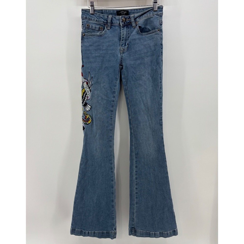 Y2K Ed Hardy Women 26 Flare Jeans Blue Embroidered Skull Snake New York City